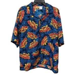 Hawaiian Tropic Shirt Mens XXL Blue Floral Logo All Over Print Button Down Camp
